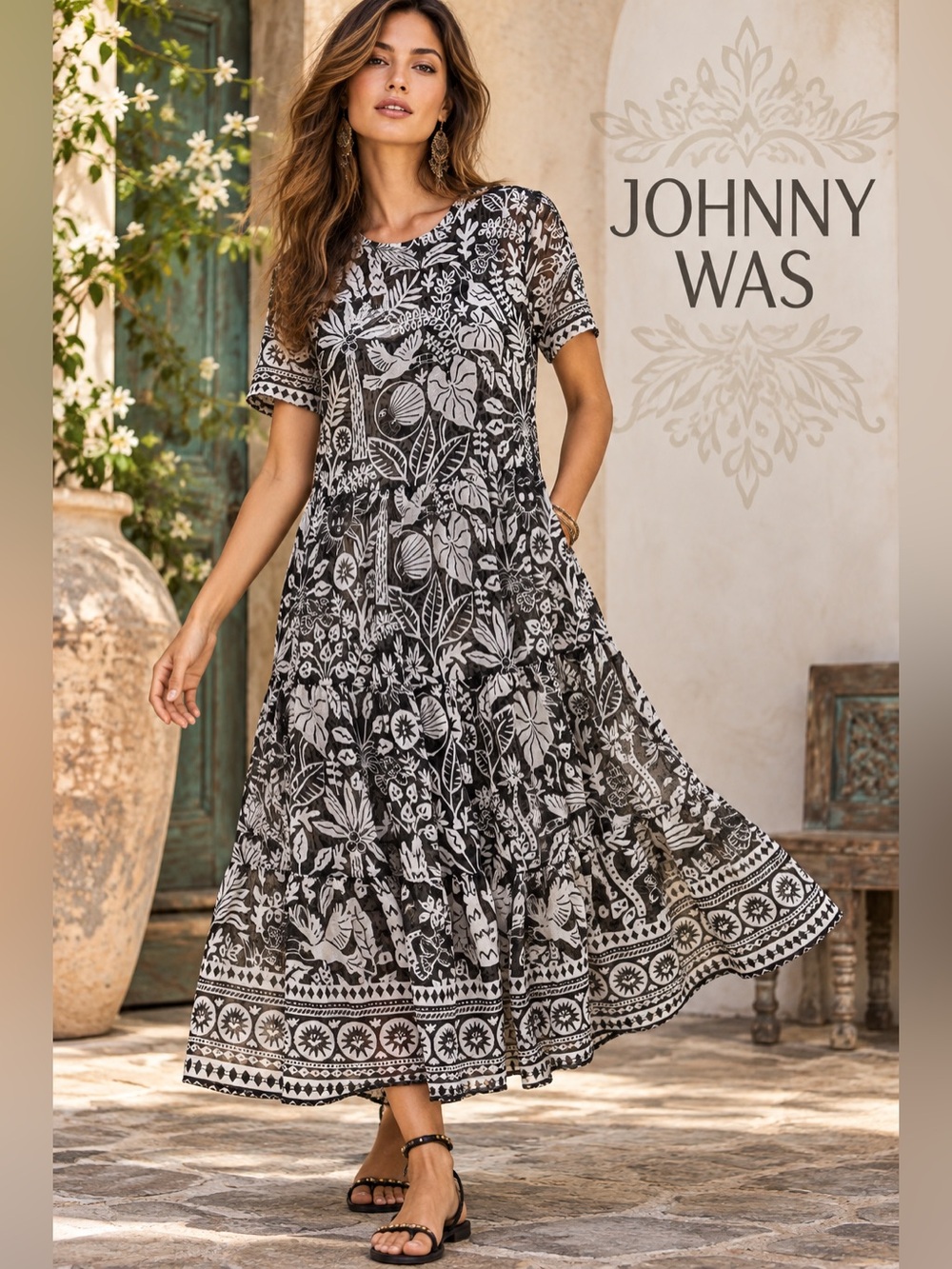 Johnny Was Luciana Mesh Tiered Boho Dress Black White Botanical Floral Art chic